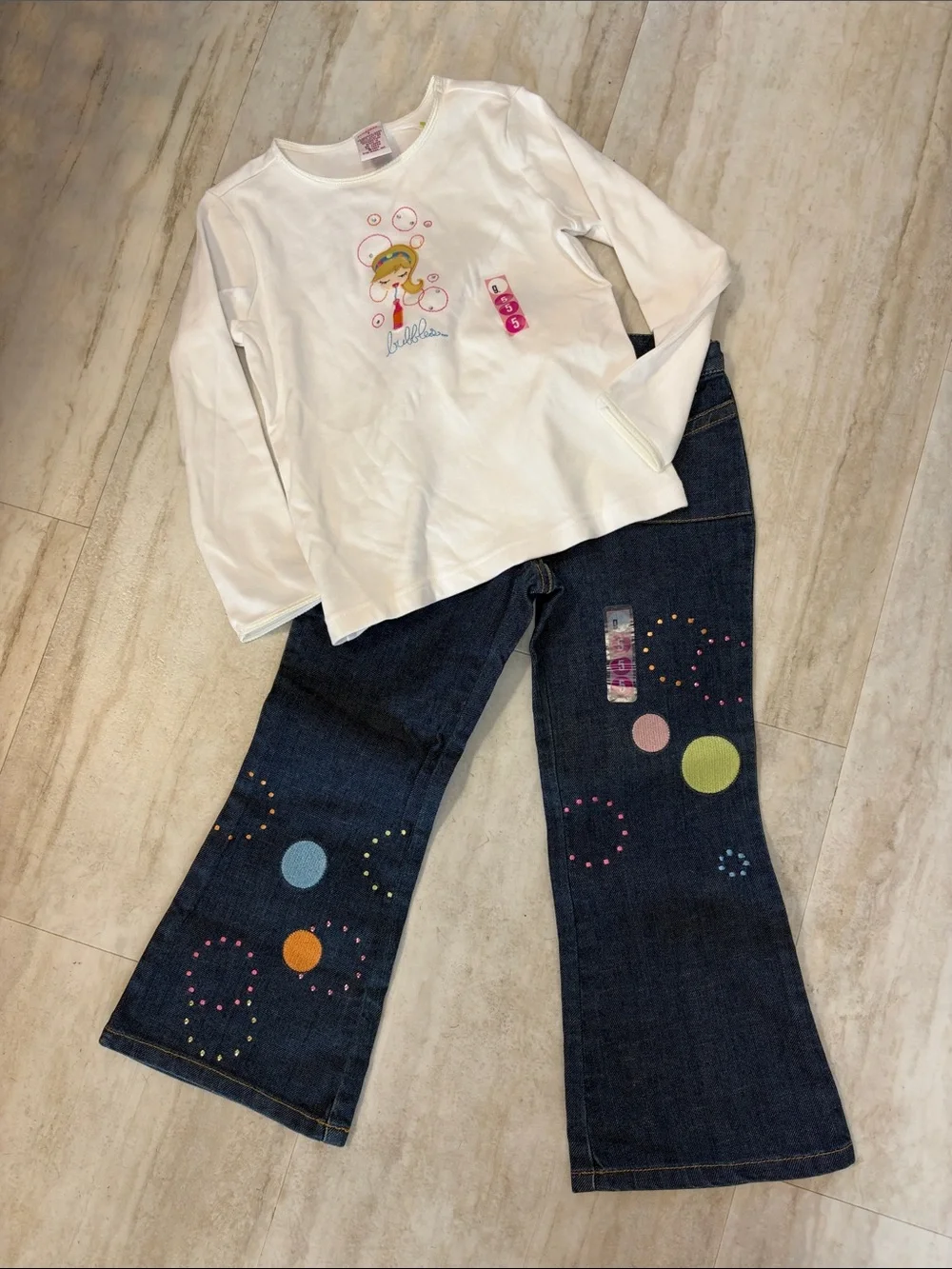 NWT Vintage Y2K Gymboree Girls Set Size 5 Bubbles Top & Embellished Flare Jeans